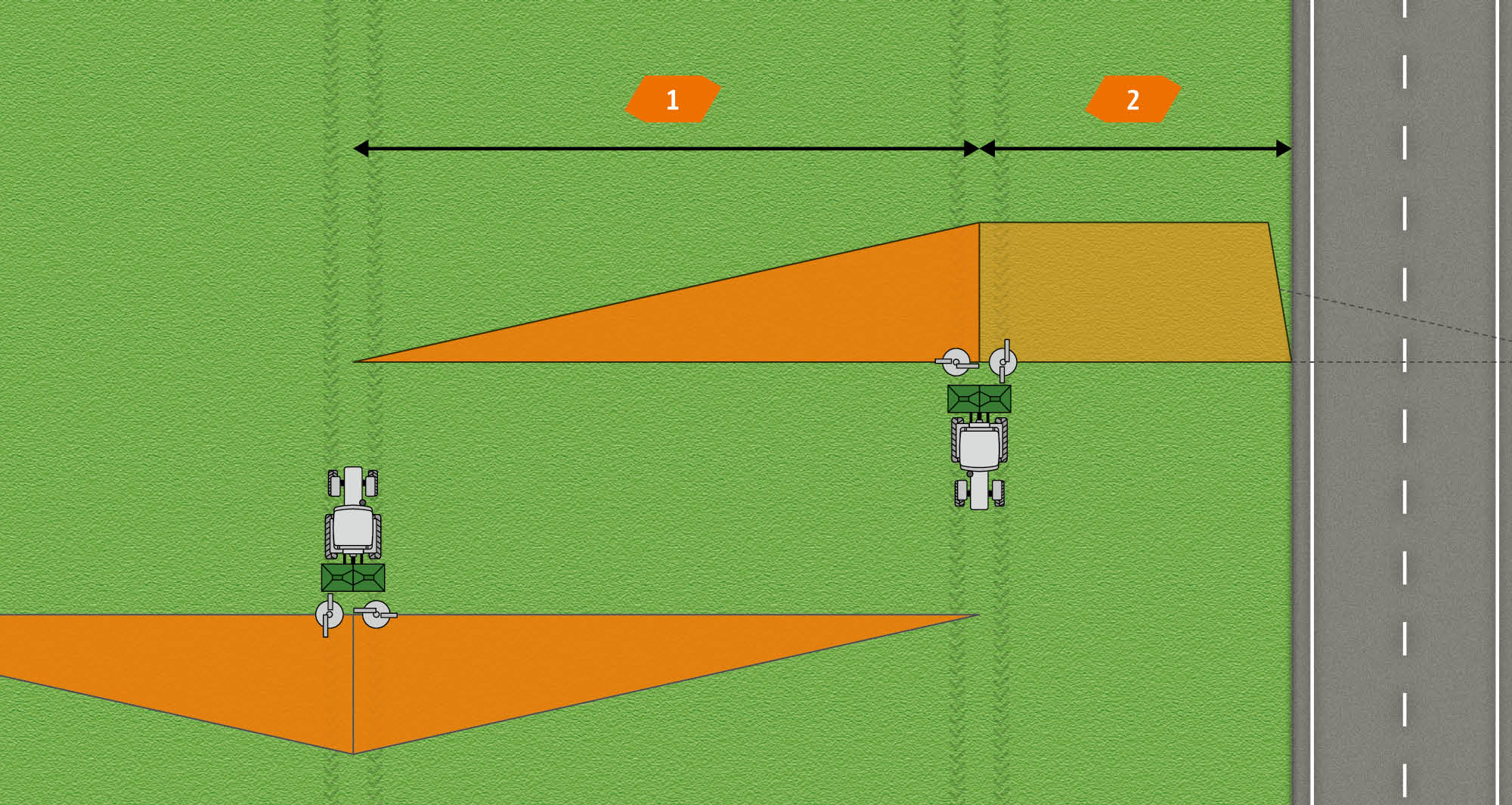 1) Pełna szerokość robocza 2) Połowa szerokości roboczej