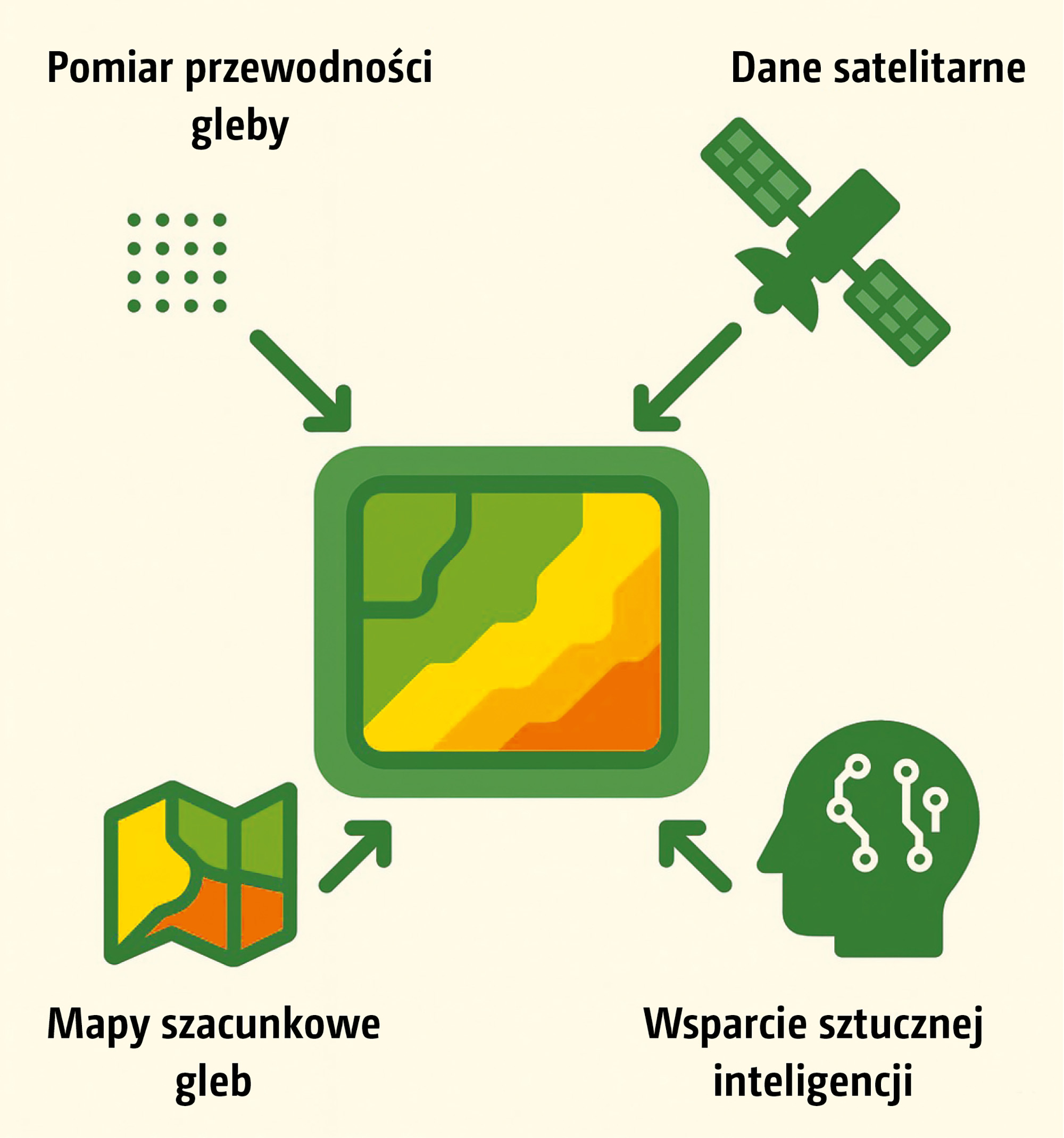 Schemat tworzenia wysokorozdzielczych map potencjału plonowania z pomiarem przewodności gleby (© AMAZONE: Bild_SoilDetect_Schema_d1_250820_GO_pl.jpg) Schema der Erstellung hochauflösender Bodenertragskarten mit Bodenleitfähigkeitsmessung