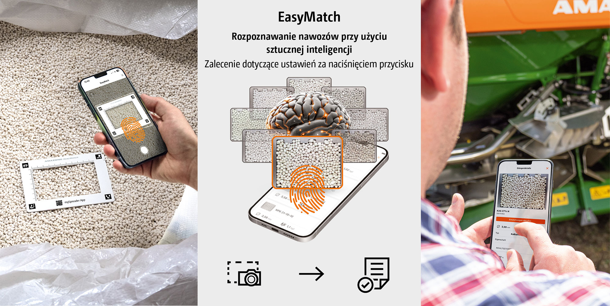 (© AMAZONE: Schema_EasyMatch_GO_pl.jpg) EasyMatch wykorzystuje sztuczną inteligencję (AI) do określenia cyfrowego odcisku palca na podstawie wielu czynników